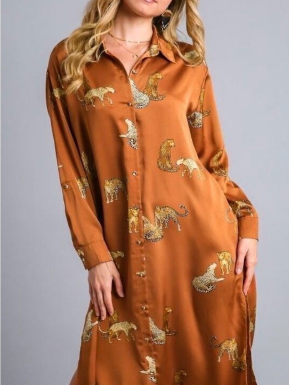 NWT Umgee Leopard Print Tunic Dress Roll Tab Sleeves